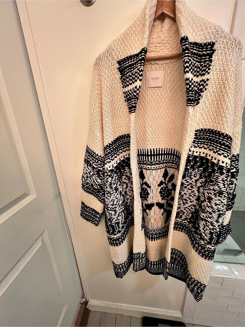 Lucky Brand Chunky Knit Long Cardigan Black Cream Size Large - Picture 1 of 12